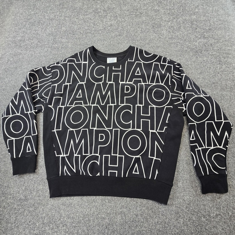 Champion Reverse Weave Sweatshirt Mens 2XL Black Allover Logo Graphic Fleece